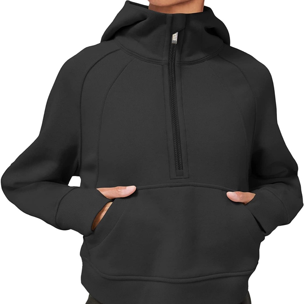 LASLULU Womens Hoodies Fleece Lined Cropped Pullover 1/2 Zipper Black Scuba